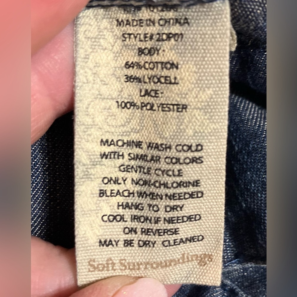 Soft Surroundings Lapiza Crochet Stripe Chambray Top Dark Wash Blue Denim - Picture 6 of 9